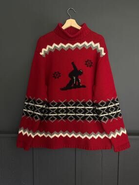 Vintage Y2K 100% Lambswool Red Black Snowboarder Chunky Knit Sweater Old Navy XL